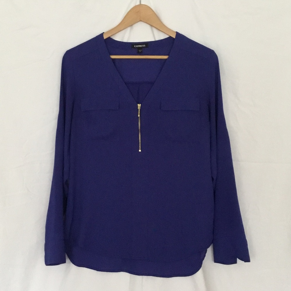 Express Sheer Vibrant Blue 1/2 Zip Blouse Medium